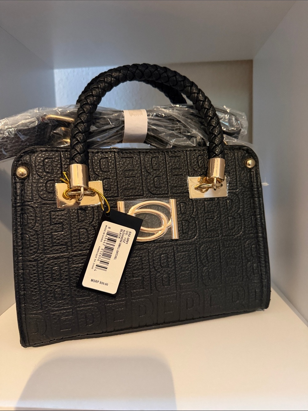 bebe Black Mini Satchel with Gold Accent Logo
